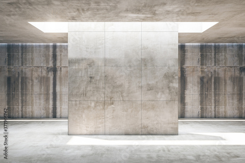 Minimalistic gray gallery interior with empty concrete wall