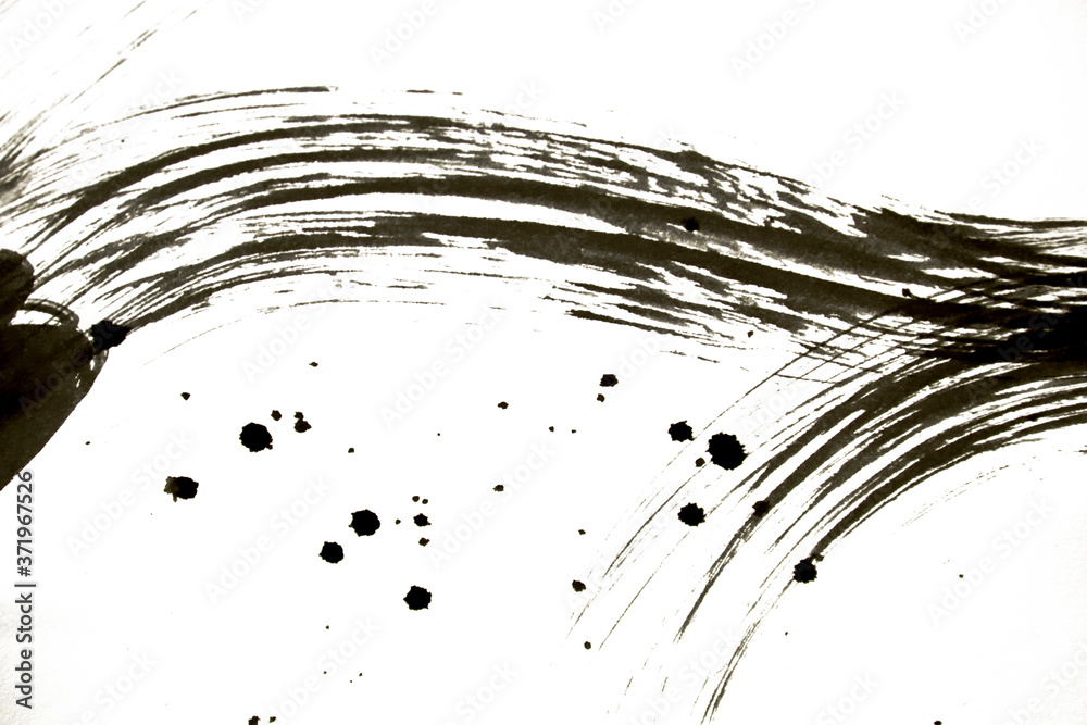 japan black ink style splatter stroke paint brush paint paper texture isolated on white background.
