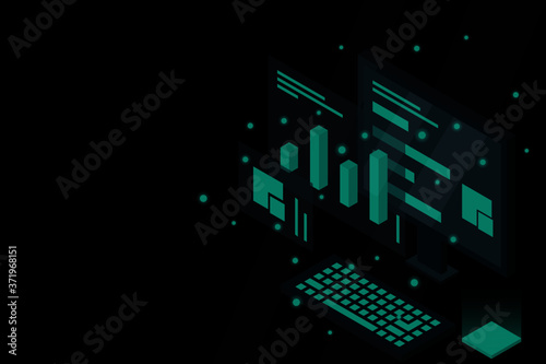 Data analysis in isometric vector design. Technician in datacenter or data center room background. Network mainframe infrastructure website layout. Computer storage or farming workstation.
