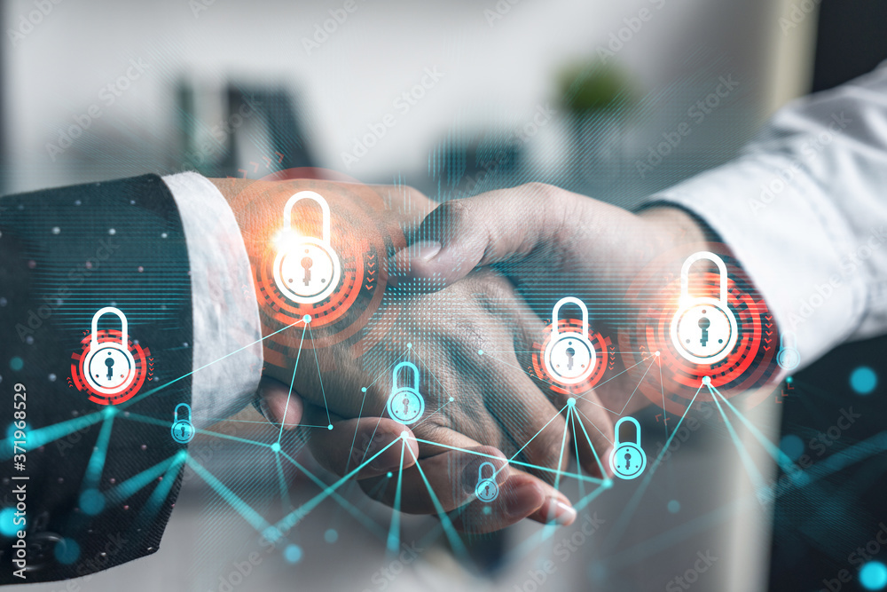 Handshake of two businesspeople and lock drawing. Concept of