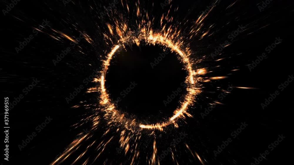 Abstract Golden Ring Of Fire Background Seamless Looping/ 4k animation of an abstract background fx with fire gold circle sparkling and spinning in seamless loop mode
