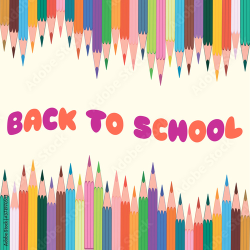 Bright illustration with colorful pencils and colored inscription Back to school. Template of school poster, poster or banner. Vector illustration.