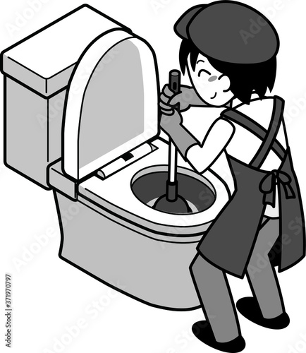 ラバーカップを使ってトイレの詰まりを修理する業者の若い男性