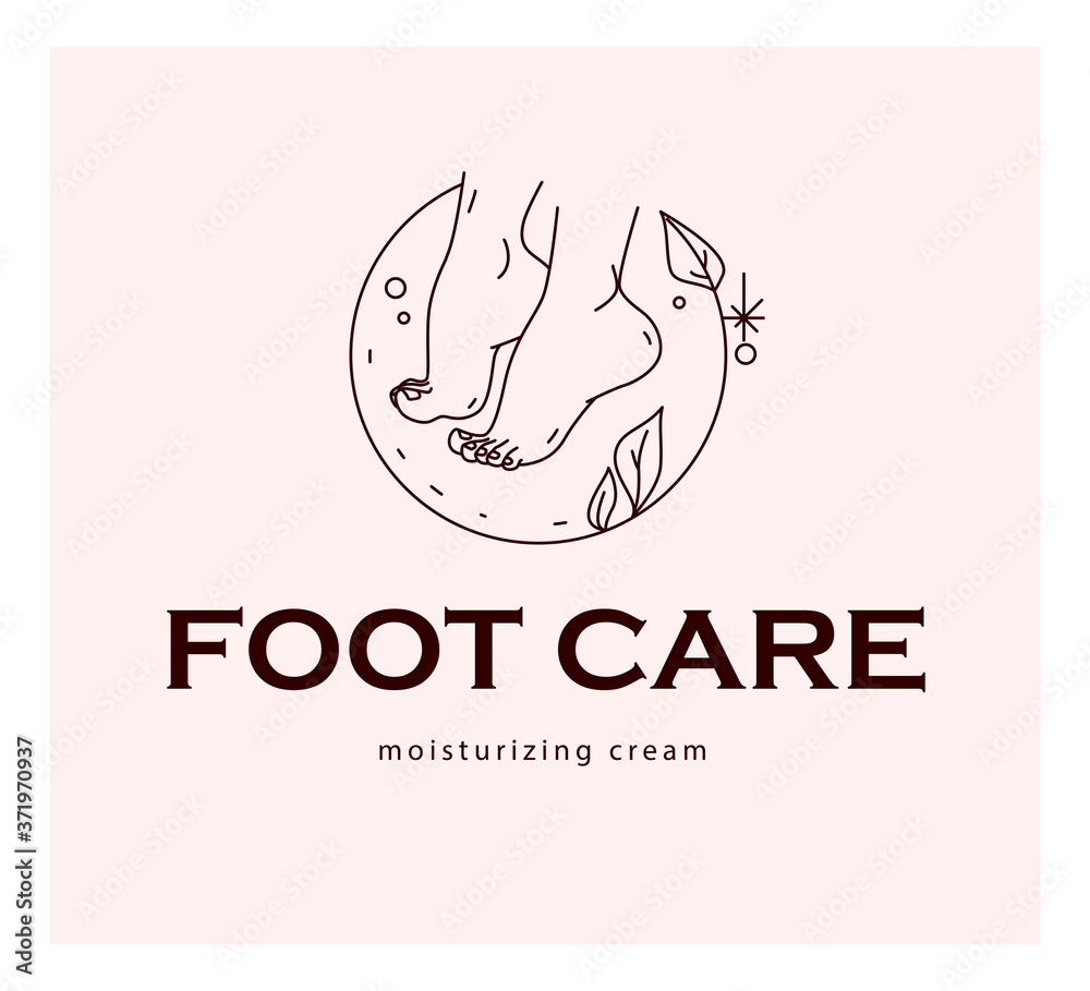 Foot care logo design with pair of bare woman feet arranged together and some decorative elements isolated on light background. Foot icon. Vector line art illustration. Foot care logo design with pair of bare woman feet arranged together and some decorative elements isolated on light background. Foot icon. Vector line art illustration.