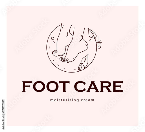 Foot care logo design with pair of bare woman feet arranged together and some decorative elements isolated on light background. Foot icon. Vector line art illustration.