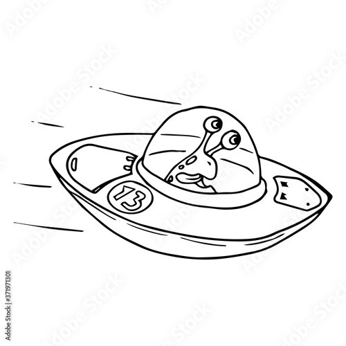 Broken UFO. UFO crash. Vector illustration. Hand drawn cartoon ufo.