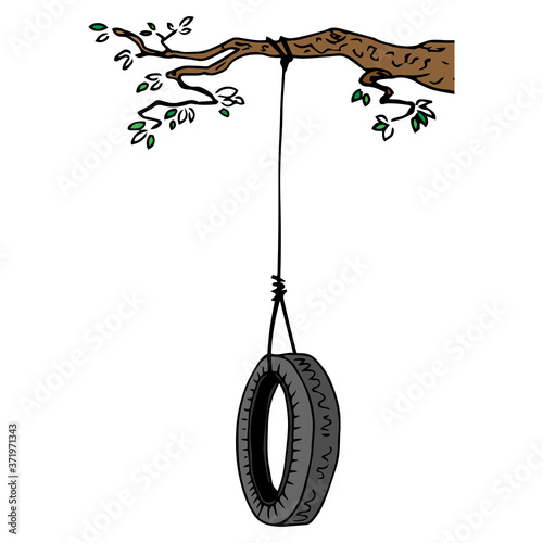 Children's swing on a tree branch. Swing from the car tire. Wheel tied to a tree branch. Vector illustration...