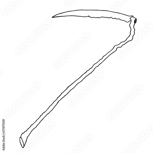 Scythe icon. Vector illustration of a scythe for mowing. Hand drawn scythe.