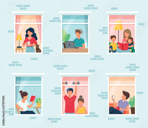 Stay home concept. People looking out windows. Social isolation during epidemic. Cute illustration in flat style