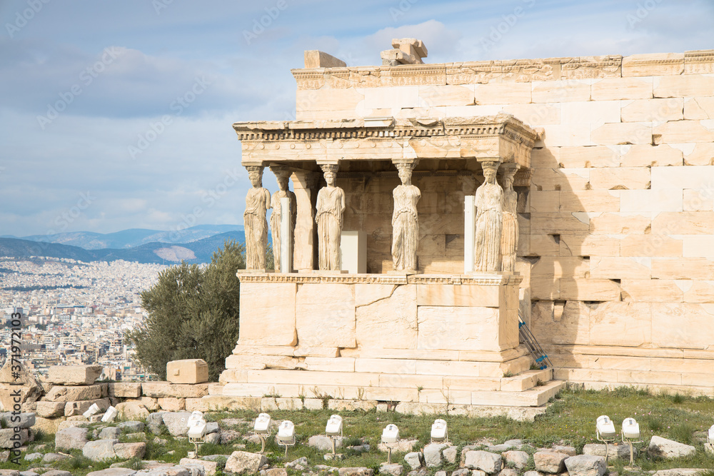 Views of the Erechtheion Temple on the Acropolis, Athens, Greece