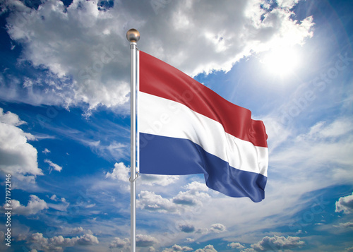 Realistic flag. 3D illustration. Colored waving flag of Netherlands on sunny blue sky background.