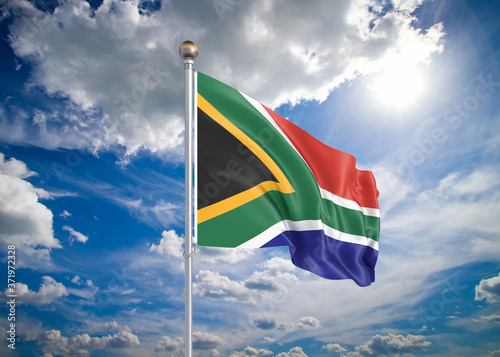 Realistic flag. 3D illustration. Colored waving flag of South Africa on sunny blue sky background.
