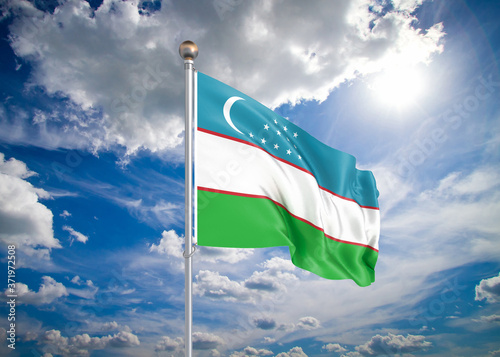 Realistic flag. 3D illustration. Colored waving flag of Uzbekistan on sunny blue sky background.