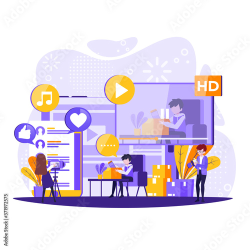 Bloggers streaming flat vector illustrations. Influencer marketing. Streamers, vloggers tiny people characters. online review vlogs content creators. Vector illustration