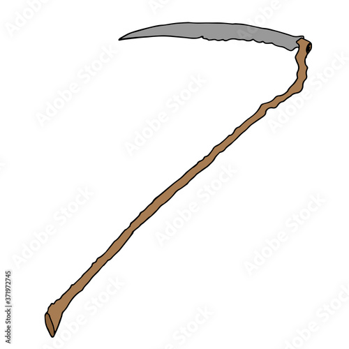 Scythe icon. Vector illustration of a scythe for mowing. Hand drawn scythe.