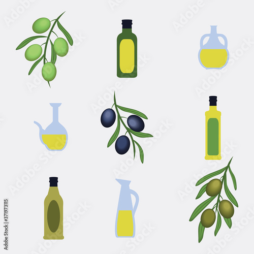 vector Greek Style bottles, jars, olive leaves on grey background