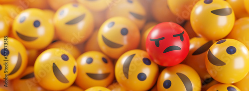 Angry Emoji Between A Bunch of Smile Emoticons. Stand Out Concept 3D Rendering Banner