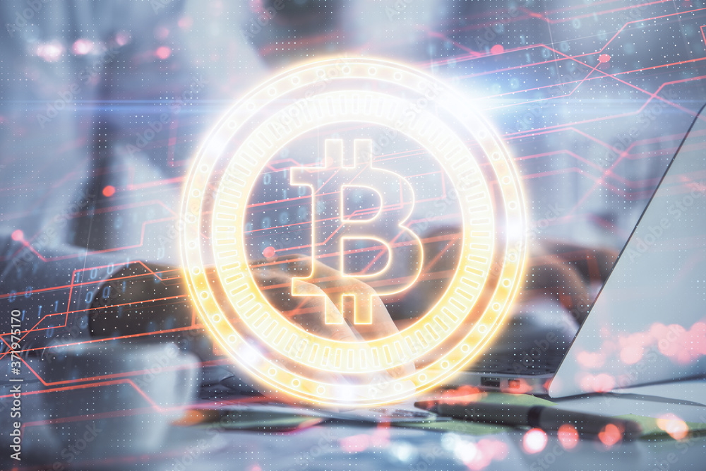 Blockchain theme hologram with man working on computer on background. Concept of crypto chain. Double exposure. Blockchain theme hologram with man working on computer on background. Concept of crypto chain. Double exposure.
