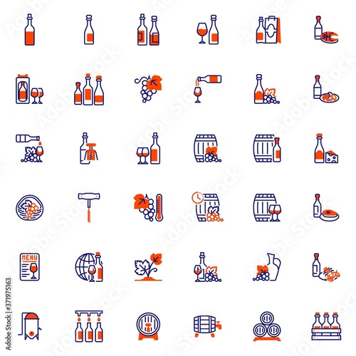 Wine Production line icons set. Winery linear style symbols collection, outline signs pack. vector graphics. Set includes icons as bottle of wine and glass, barrel, grapes, corkscrew, fermentation
