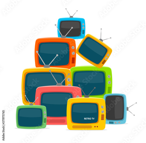 Cartoon Color Different Types Retro Tv Pile. Vector