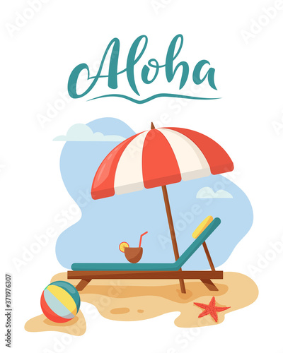 Travel and summer beach vacation relax concept. Tropical island with umbrella, ball and beach lounger. Flat vector illustration. Aloha. Tropical beach relax