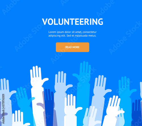 Hands Volunteering Concept Banner Flat Design Style. Vector