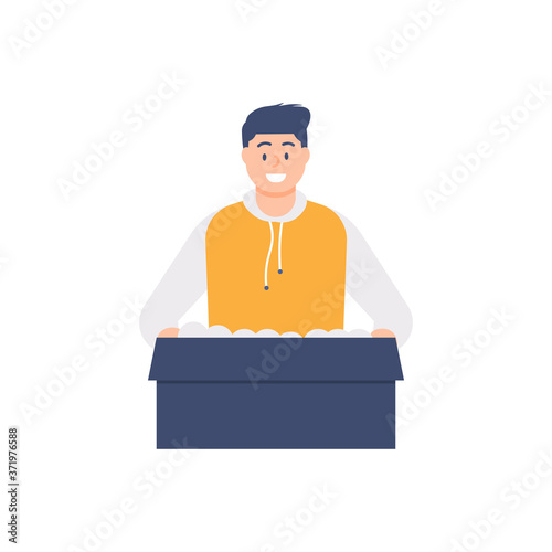 illustration of a man opening a box or unboxing. flat design. can be used for elements, landing pages, UI, websites