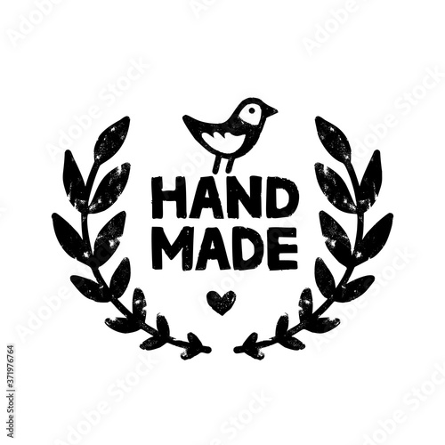 Hand made icon or logo. Vintage stamp icon with handmade lettering with laurel wreath and cute bird.