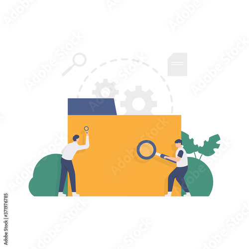 the concept of searching files or documents, data management. illustration of a team looking for something in a folder using magnifying glasses. flat design. can be used for elements, landing pages