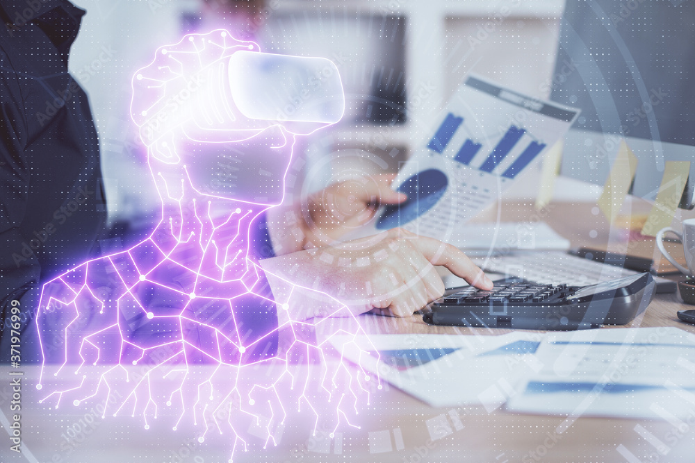 AR hologram with man working on computer on background. Augmented reality concept. Double exposure. AR hologram with man working on computer on background. Augmented reality concept. Double exposure.