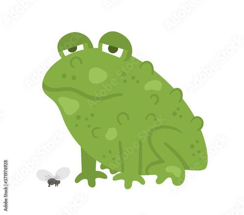 Cute vector sitting green toad with fly. Halloween character icon. Autumn all saints eve illustration with scary animal. Samhain party sign design for kids. .
