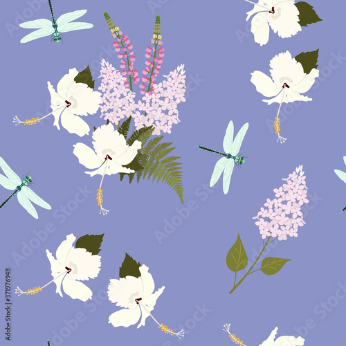 Seamless vector illustration with hibiscus  lupine flowers and dragonflies