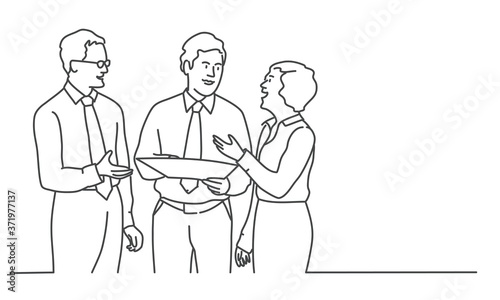 Young people examines a document. Line drawing vector illustration.