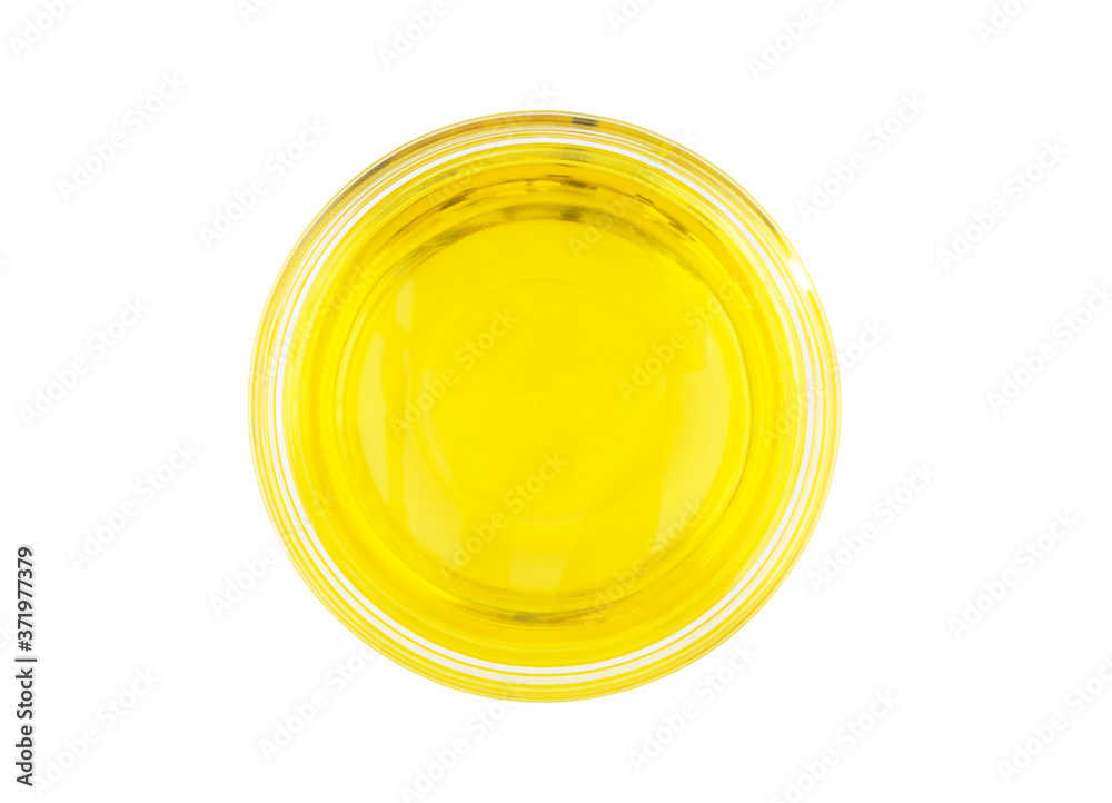Cooking oil in glass bowl isolated on white, top view Cooking oil in glass bowl isolated on white, top view