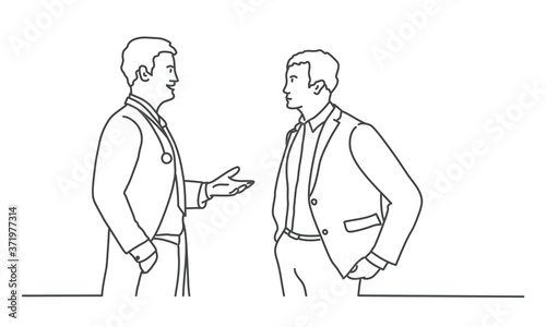 Doctor and man talking. Line drawing vector illustration.