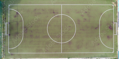 Football field, aerial copy space photo shot with a drone