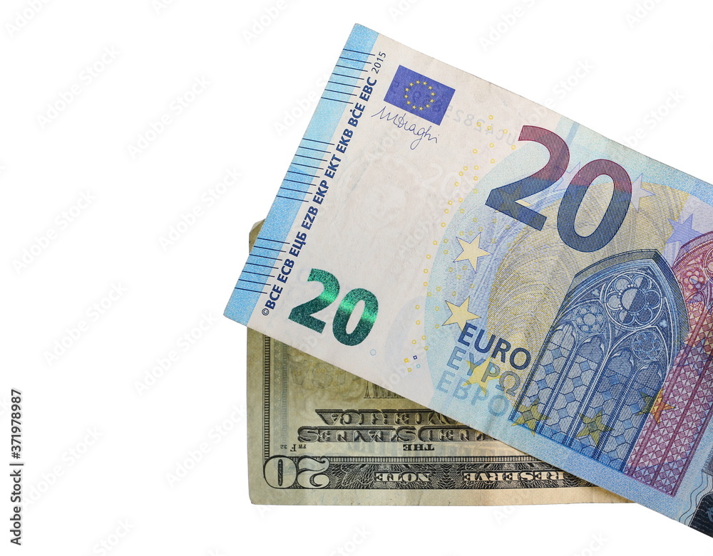 United States twenty-dollar bill and European twenty euro note, cash money isolated on white background with clipping path United States twenty-dollar bill and European twenty euro note, cash money isolated on white background with clipping path