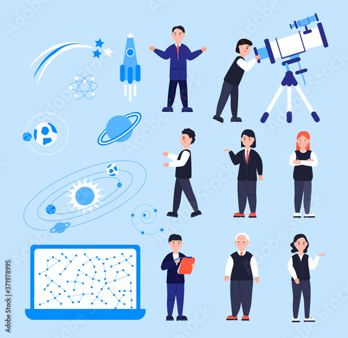Astronomer or astrologer set concept vector. Online conference, remote or distance education illustration for web, app, banner. Scientists explore the starry sky in Observatory.
