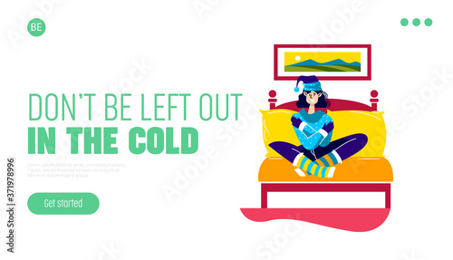 Woman wearing sweater and hat at home sitt at bed and suffer from cold weather. Landing page