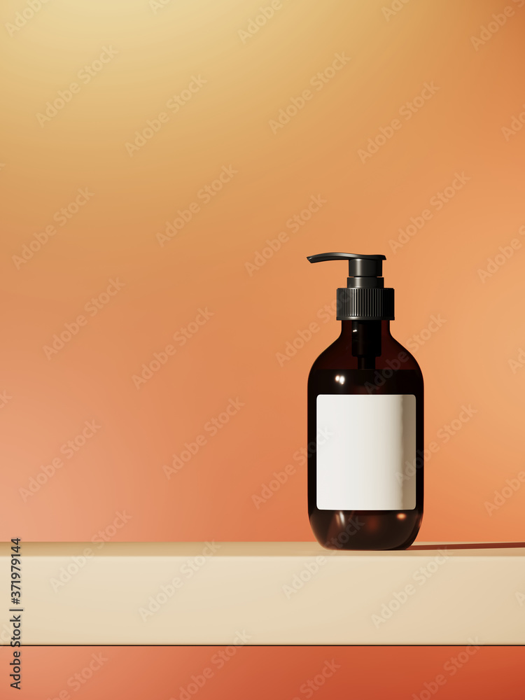 Minimal background for branding and product presentation. Cosmetic bottle on beige platform with orange background. Clipping path of each element included. 3d rendering illustration. Minimal background for branding and product presentation. Cosmetic bottle on beige platform with orange background. Clipping path of each element included. 3d rendering illustration.