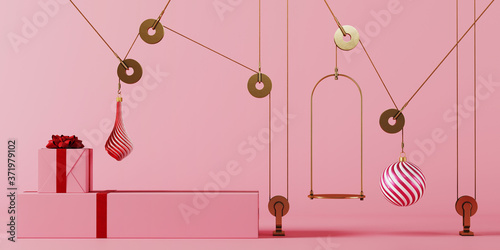 Cosmetic background for product presentation. Brass product tray balancing equilibrium with brass counterweight and pulley mechanism. 3d rendering illustration. Clipping path of each element included.