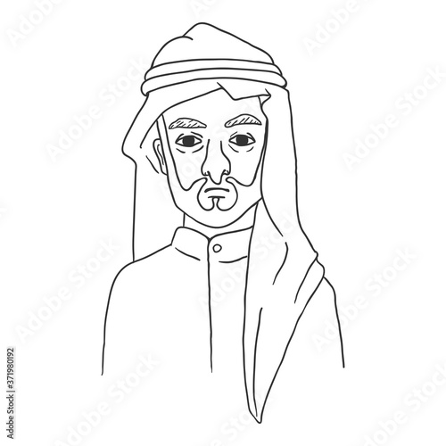 Arabian Man in White Keffiyeh and Kandura. Vector Outline Character.