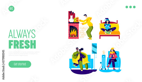 Landing page with people suffering from cold at home warming with tea, at fireplace or heater