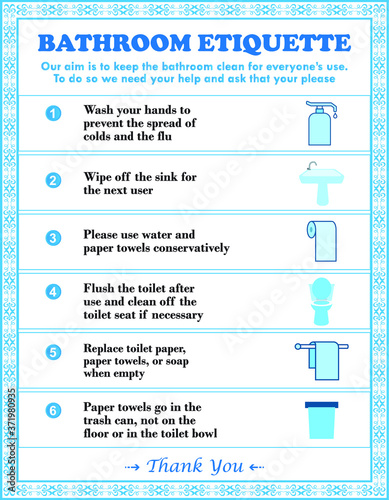 Iconic vector on bathroom and toilet usage rules. It can use for public place, corporate office and private place. photo