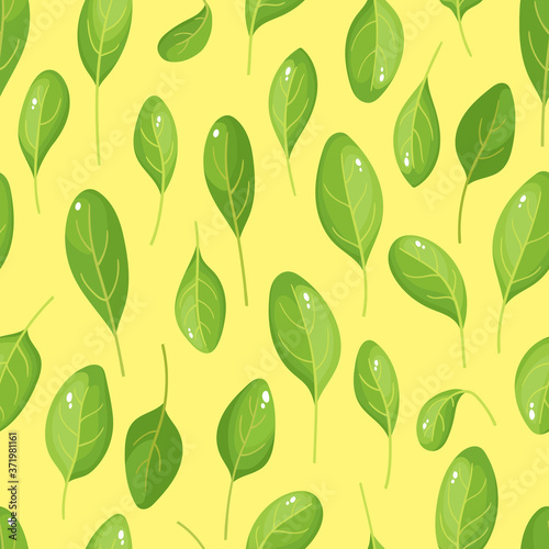 Cartoon bright spinach seamless pattern isolated on yellow