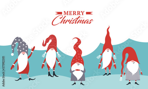 Christmas greeting card. Happy New Year. Merry Christmas. Cute Gnomes in hats. Seasons Greetings.	
