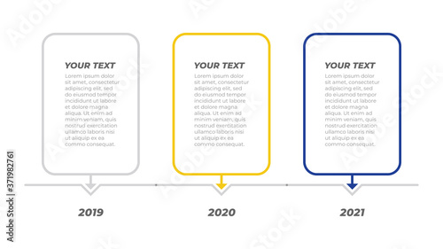 Vector infographic design template with borders and arrow. Timeline with 3 options or steps. Can be used for annual report, info chart, timeline process step.