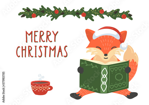 Merry Christmas. Fox in christmas hat reading book with handwriting text. Cute children greeting xmas illustration for libraries, schools and other educational projects.