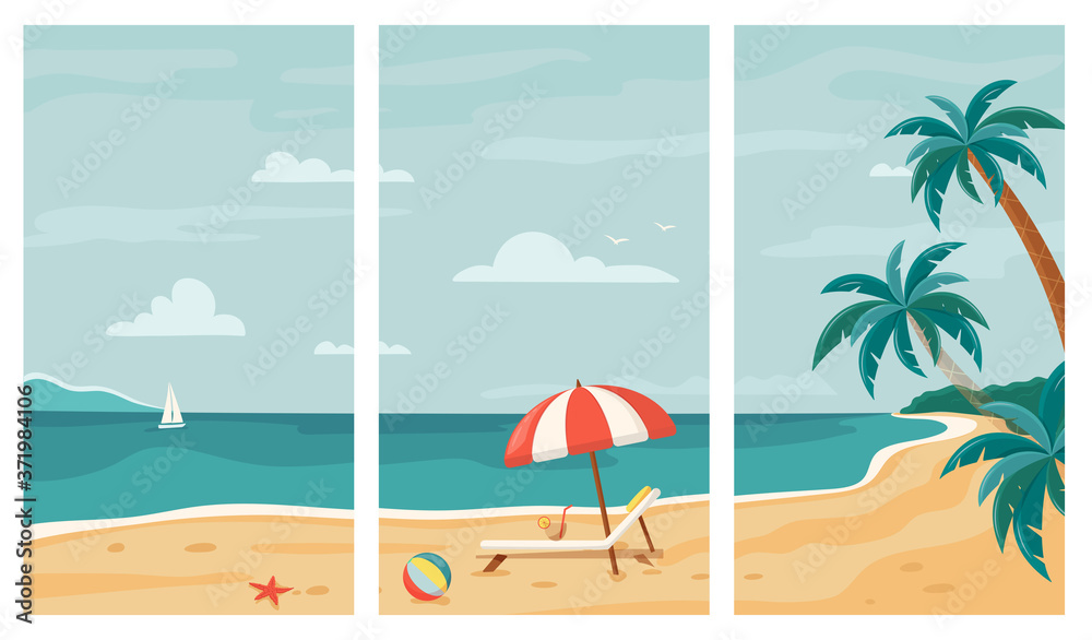 Vector set of summer beach background. Tropical seashore with palm trees, beach lounger and umbrella. For banners, posters, cover design templates, social media stories wallpapers. Seaside landscape