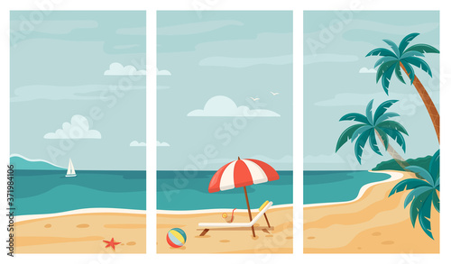 Vector set of summer beach background. Tropical seashore with palm trees  beach lounger and umbrella. For banners  posters  cover design templates  social media stories wallpapers. Seaside landscape